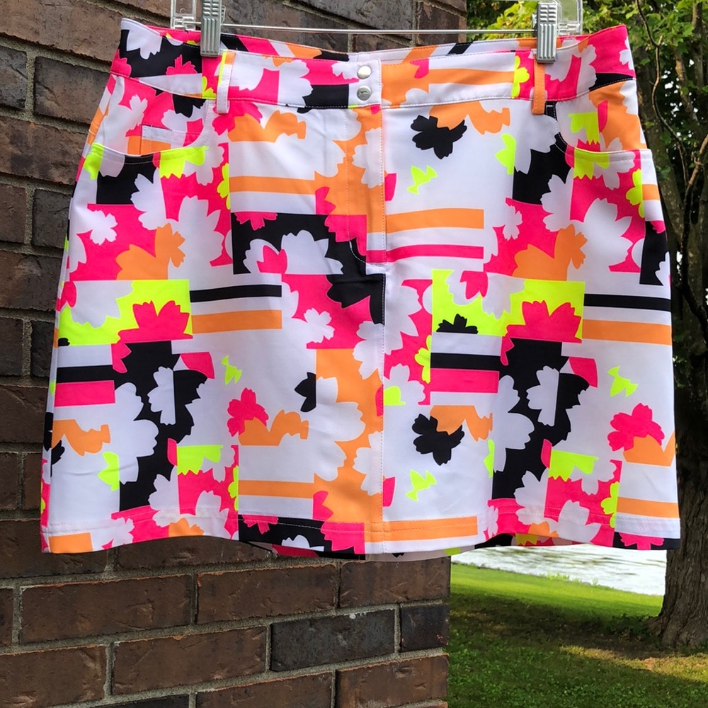 Neon Floral Print Skort - White, Pink, Orange, Black
